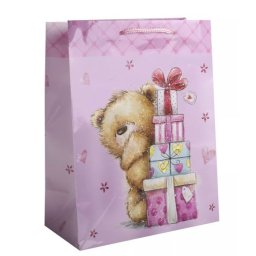 Pungă cadou cu model ursuleț - 18 x 23 cm - roz