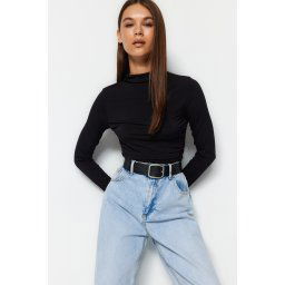 Trendyol Black Gather Detailed High Collar Fitted/Long Sleeve Fitted Stretchy Knitted Blouse