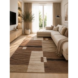 Covor Luna 1805-12, Marime 140 x 200 cm, Bej, Maro, Inaltime Fir 6 mm, Antialergic, Polipropilena, Living, Dormitor, Sufragerie, Birou