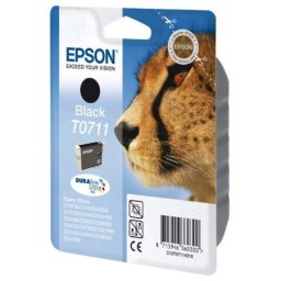 Cartus de cerneala original Epson T0711 Black (C13T07114010) pentru Stylus BX3450 CX4300 D120 Network Edition D5050 D78 D92 DX400 DX4000 DX4050 DX4400 DX4450 DX5000 DX5050 DX6000 DX6050 DX7000F DX7400 DX7450 DX8400 DX8450 DX9400 DX9400F Office BX300F BX31