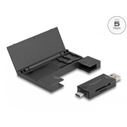 Cititor de carduri USB type C/USB-A 5Gbps la micro SD + SD + cutie depozitare Negru, Delock 91014