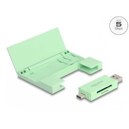 Cititor de carduri USB type C/USB-A 5Gbps la micro SD + SD + cutie depozitare Mint, Delock 91015