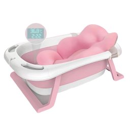 Cadita pliabila cu suport buretat si termometru, pentru bebelusi, roz