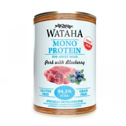 Conserva Wataha MONO PROTEIN Pentru Caine Adult, 94, 5% Carne, Cu Porc Si Afine, 400g