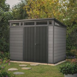 Casuta de gradina, Keter, Gri, 9x7, colectie Cortina, cu usa dubla, cu podea, cu ventilatie