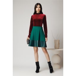 Fusta Dy Fashion office din stofa verde cu insertie din piele ecologica la baza