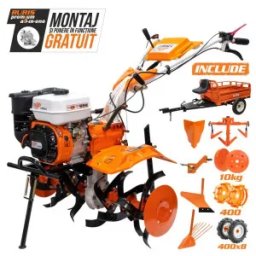 Motosapa Ruris 731ACC3 + roti cauciuc 5.00-8+rarita+plug+adaptor+dispozitiv scos cartofi+roti metalice 400 fara manicot+cultivator+set contragreutati 10kg+remorca RURIS 550S, 8.5 CP