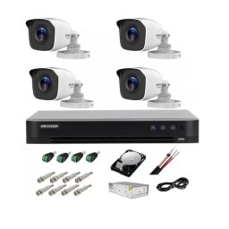 Kit complet supraveghere 5 MP lite Hiwatch by Hikvision Turbo HD cu 4 camere Bullet IR 20m, alimentator, cabluri, mufe, HDD 1 Tb, vizualizare pe internet