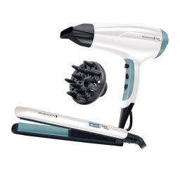 Set placa de indreptat parul si uscator Remington S8500GP, 2300W, 150-230°C, Turbo/Boost, Ionizare, Accesorii, Alb
