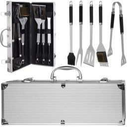 Set Profesional de 5 Accesorii pentru Gratar - Valiza de Aluminiu cu Ustensile din Otel Inoxidabil