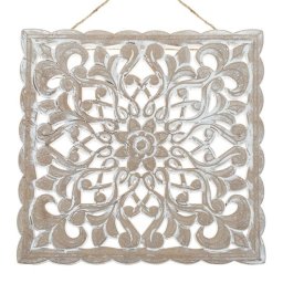 Decoratiune de Perete Ethnic Lemn Sculptat Brushed Alb Model Floare 29.5x29.5cm