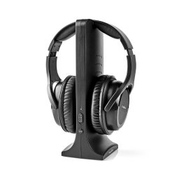 casti over-ear wireless nedis cu transmisie prin radio frecventa, baza de incarcare, negru