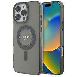 Husa Guess Rhinestones Ring MagSafe pentru iPhone 16 Pro Max Negru