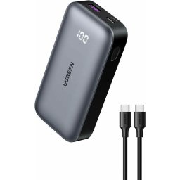 Baterie externa Mini 10K mAh USB-C USB-A Digital Display cablu USB-C inclus Gri