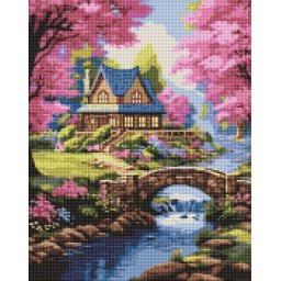 Set goblen cu diamante, cu sasiu, Casa inconjurata de flori, 40x50 cm