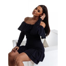 Rochie bleumarin cu volan decorativ la decolteu La Diva