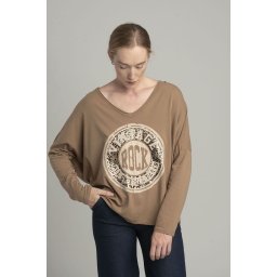 Camel oversize blouse with a shiny print