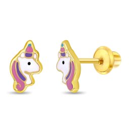 Cercei din Aur 14K pentru Copii, model Unicorni cu Email Pastel, inchidere cu Filet si Protectie