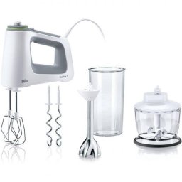 Mixer de mana Braun HM5137WH, 750 W, 9 viteze + Turbo, Pahar gradat 0.6L, Tocator 0.5l, Picior pasator inox, 2 palete, 2 carlige, Alb/Gri