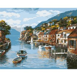 Set pictura pe numere, cu sasiu, Orasel linistit, 40x50 cm
