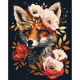 Set pictura pe numere, cu sasiu, Vulpe si flori - canvas negru, 40x50 cm
