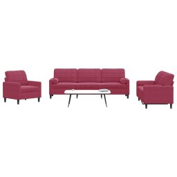 Set canapea cu perne/rulouri, 3 piese, rosu vin, catifea GartenMobel Dekor