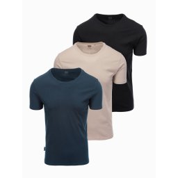 Ombre Set of men's BASIC cotton shirts with round neckline - black/gray/sand