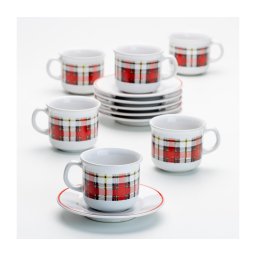 Serviciu ceramic de cafea 6x ceașcă cu farfurioară, carouri