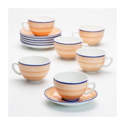Serviciu ceramic de ceai 6x ceașcă cu farfurioară, portocaliu albastru