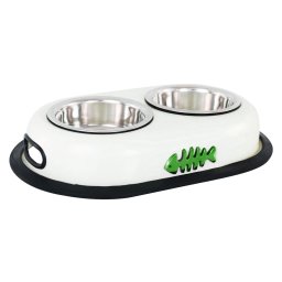 Bol dublu pentru hrana animale cu suport gumat, diametru bol 16cm, Alb