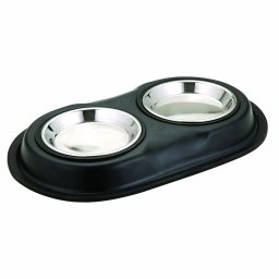 Bol dublu pentru hrana animale cu suport gumat, inox, diametru bol 16 cm, negru