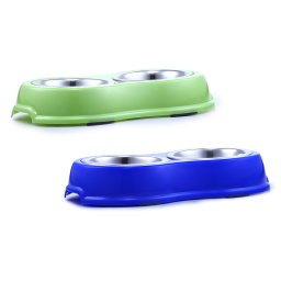 Bol dublu pentru hrana animale, diametru bol 14 cm, Albastru/Verde