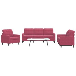 Set canapea cu perne, 3 piese, rosu vin, catifea GartenMobel Dekor