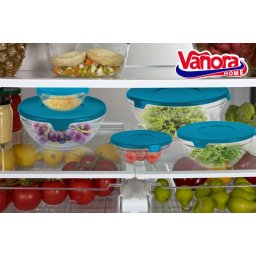 SET 5 BOLURI DE STICLA CU CAPAC,VANORA(12 bucati in bax-cate 4 buc/culoare rosu, galben si albastru)