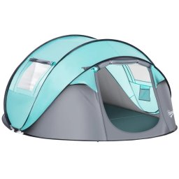 Cort camping, 4 persoane, impermeabil, tip igloo, cu 2 ferestre, 2 intrari, husa, deschidere automata, albastru deschis si gri,