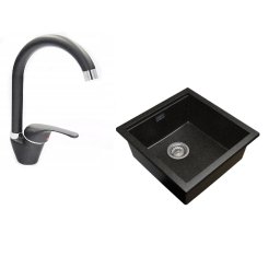 Set Chiuveta bucatarie din granit si baterie, chiuveta cu o cuva fara picurator, 480x500 mm, granit negru
