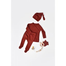 Set 4 piese: bluza, pantaloni, caciulita si manusi din bumbac organic si modal - caramiziu, baby cosy (marime: 0-3 luni)