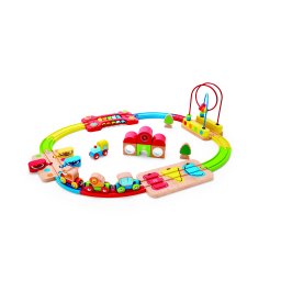 Set de constructie, cu piese din lemn, Trenulet curcubeu, Hape