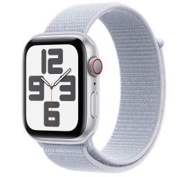Smartwatch Apple Watch SE (2024), GPS, Cellular, Carcasa Silver Aluminium 44mm, ecran LTPO OLED, 32GB, curea Blue Cloud Sport Loop, Argintiu/Albastru