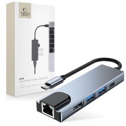 Hub adaptor 5-in-1 V3 pentru laptop și dispozitive compatibile, 2x USB 3.0 + 1x USB-C + 1x HDMI + 1x LAN, gri