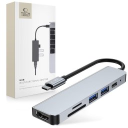 Hub adaptor 6-in-1 V4 pentru laptop și dispozitive compatibile, 2x USB 3.0 + 1x USB-C + 1x HDMI + cititor SD, gri