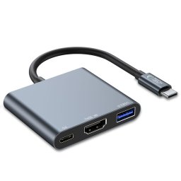 Hub adaptor 3-in-1 V1 pentru laptop și dispozitive compatibile, 1x USB 3.0 + 1x HDMI + 1x USB-C, gri