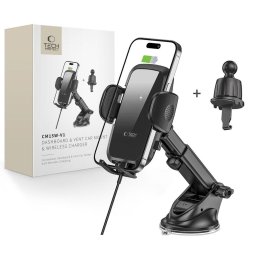Incarcator auto wireless Tech-Protect CM15W-V1, 15W, USB-A + USB-C, cabluri incluse, grila ventilatie/bord, negru