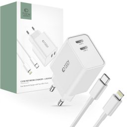 Incarcator de retea 2xUSB-C PD + cablu Lightning 35W Alb