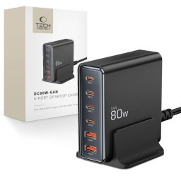 Incarcator de retea GaN 2x USB-A + 4x USB-C PD QC3.0 80W Negru