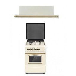 Pachet aragaz rustic 3 arzatoare gaz,1 arzator electric Firenze FE50/553G + Hota incorporabila telescopica, 60 cm, Lean Retro Beige, putere de absorbtie 347 m3/h, Studio Casa