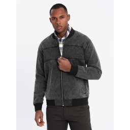 Ombre Men's denim bomber jacket with stone wash effect - black