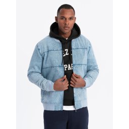 Ombre Men's denim bomber jacket with stone wash effect - light blue