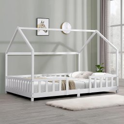 Pat Copii Sisimiut tip Casuta Montessori, Dimensiuni 200x120cm, Lemn de Brad, Culoare Alb