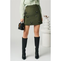 Fusta DY Fashion scurta din jerse kaki cu fundite